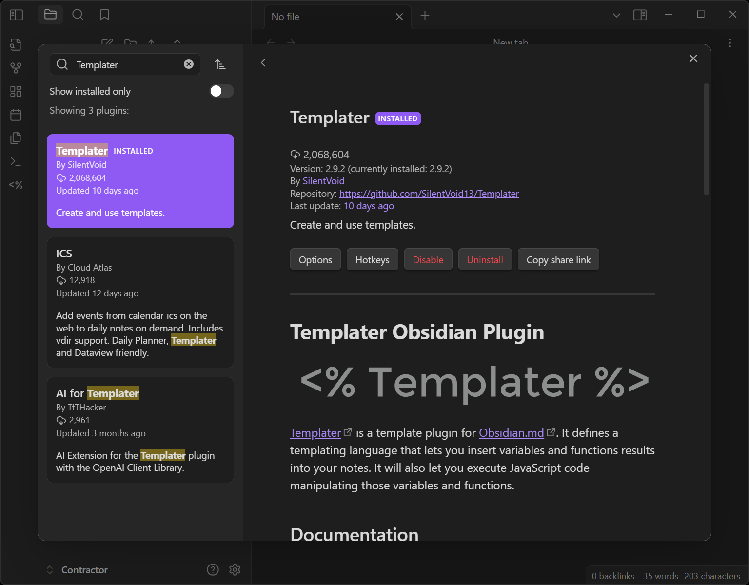 'Templater' plugin in Obsidian already installed and enabled.