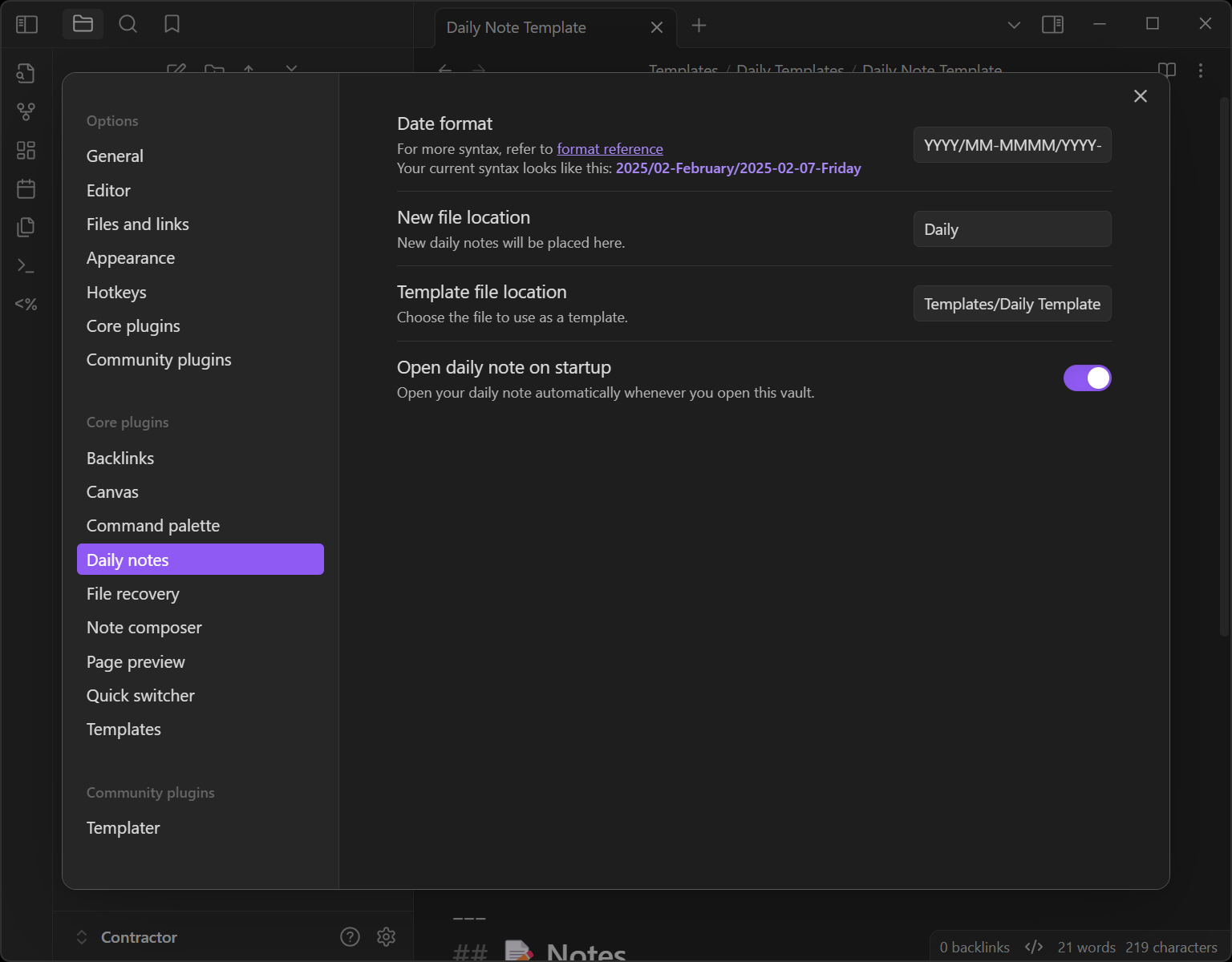Daily Notes plugin settings in Obsidian, showing settings for file date format, location, and the option to create the daily note on launch.
