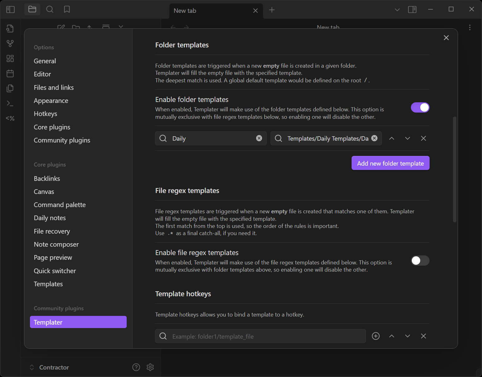 Further Templater settings showing folder templates pairing of location and template.