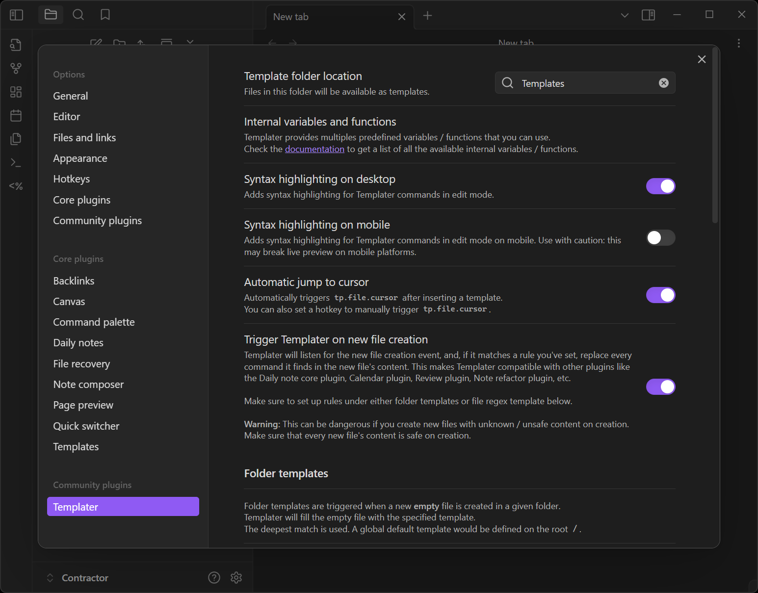 Templater plugin settings in Obsidian, showing template folder location, jump to cursor, and setting Templater to run on new file creation.