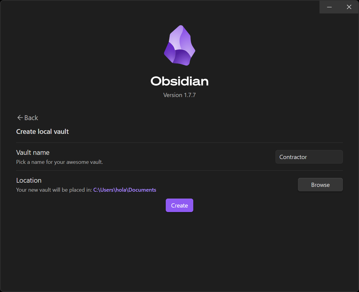 Options inside 'Create a new vault' in Obsidian, where you set the vault name and location.