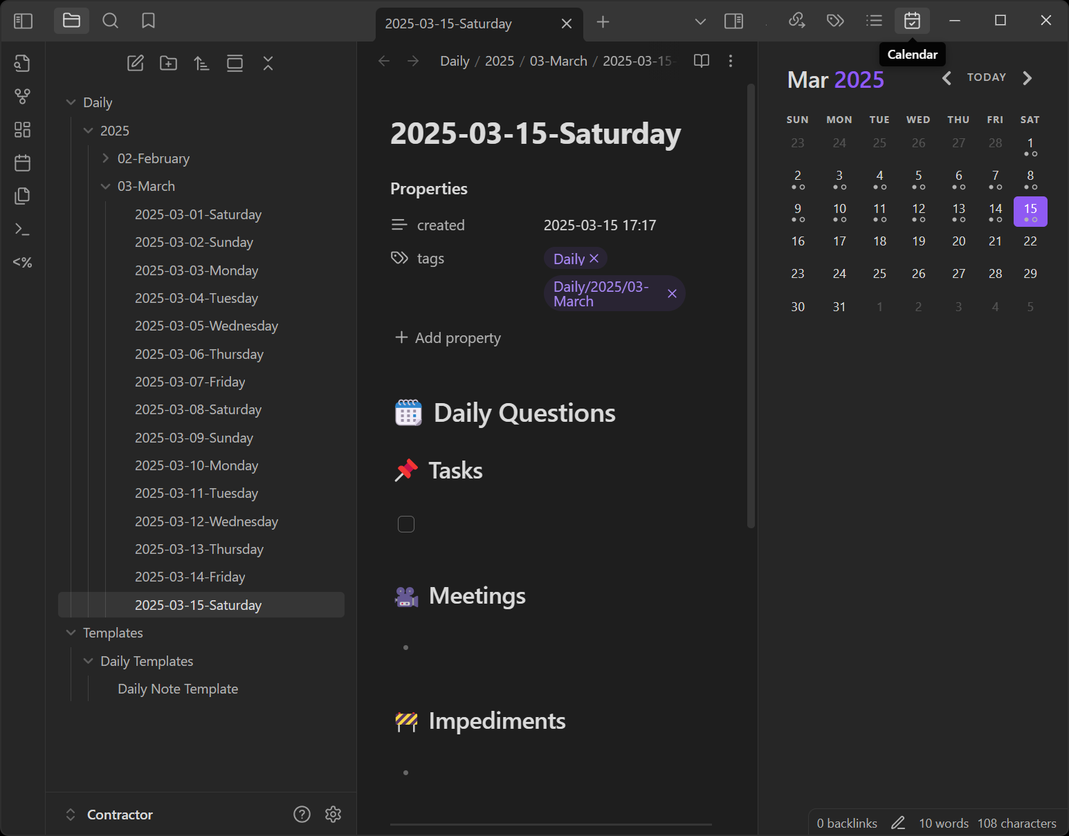 Obsidian app, showing the Calendar view.