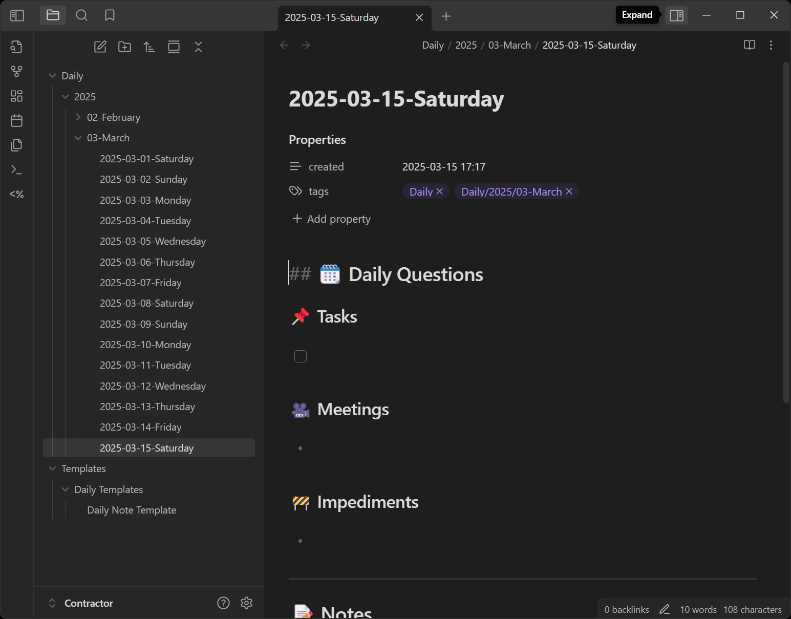 Obsidian app, showing where to click to expand views, like the calendar view.