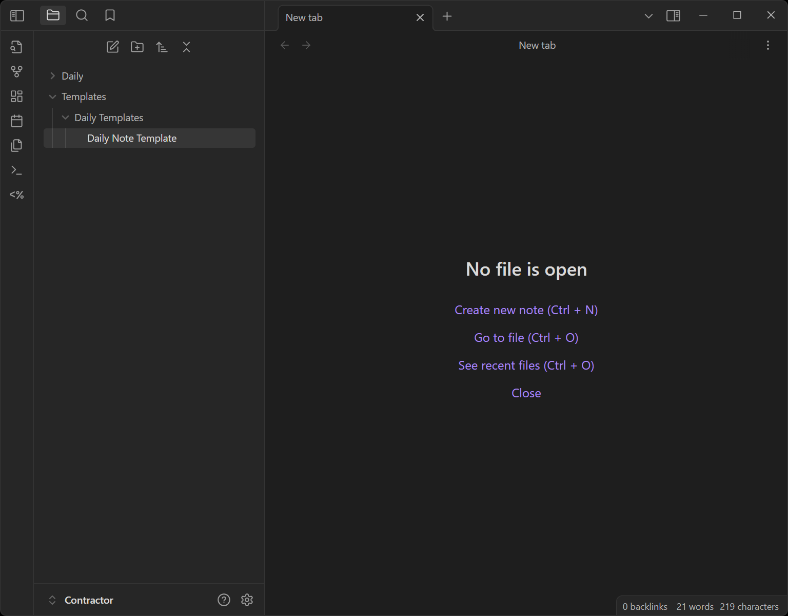 Obsidian’s main screen showing folder structure to set up daily notes template and generation folder.