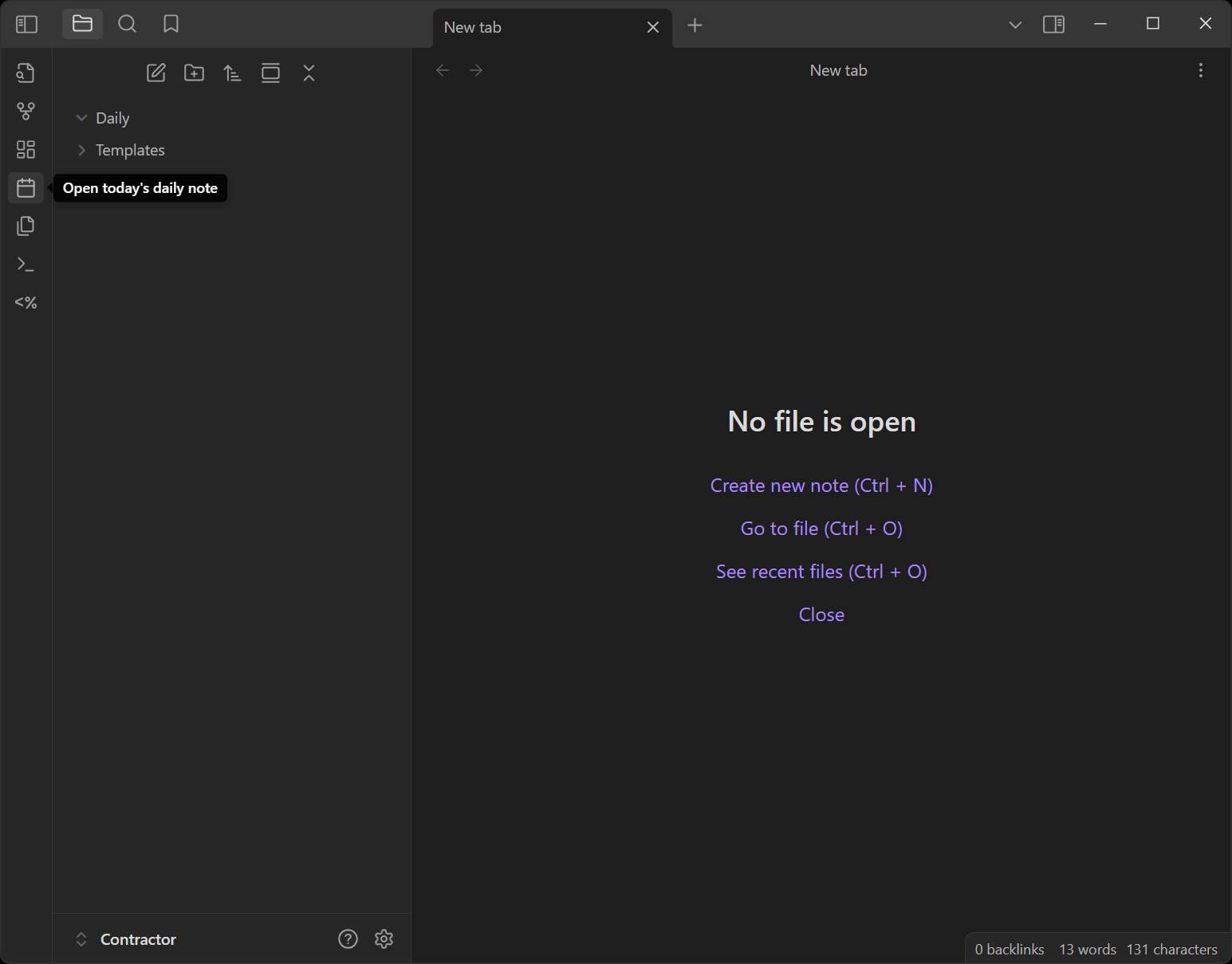 Obsidian app screen, showing where to click for your daily note.