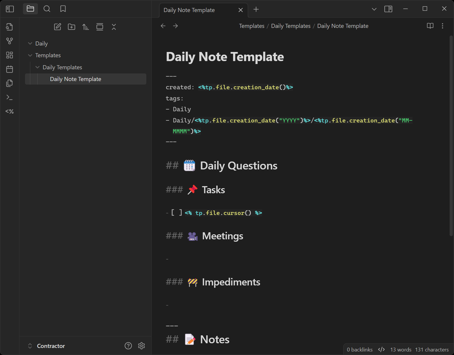 Content of the daily notes template in Obsidian.