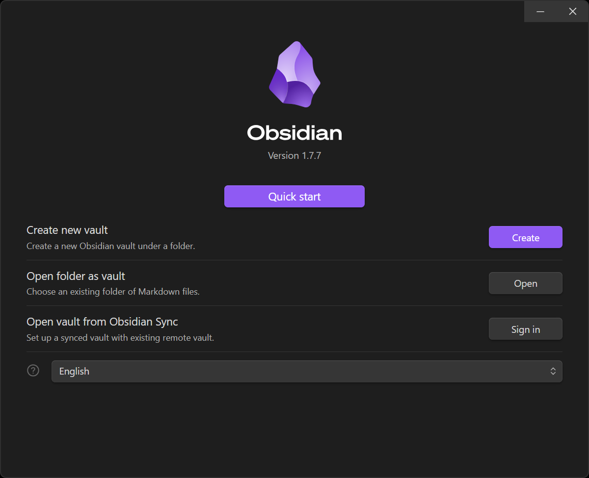 Welcome screen on Obsidian showing different options, highlighting the option to create a new vault.