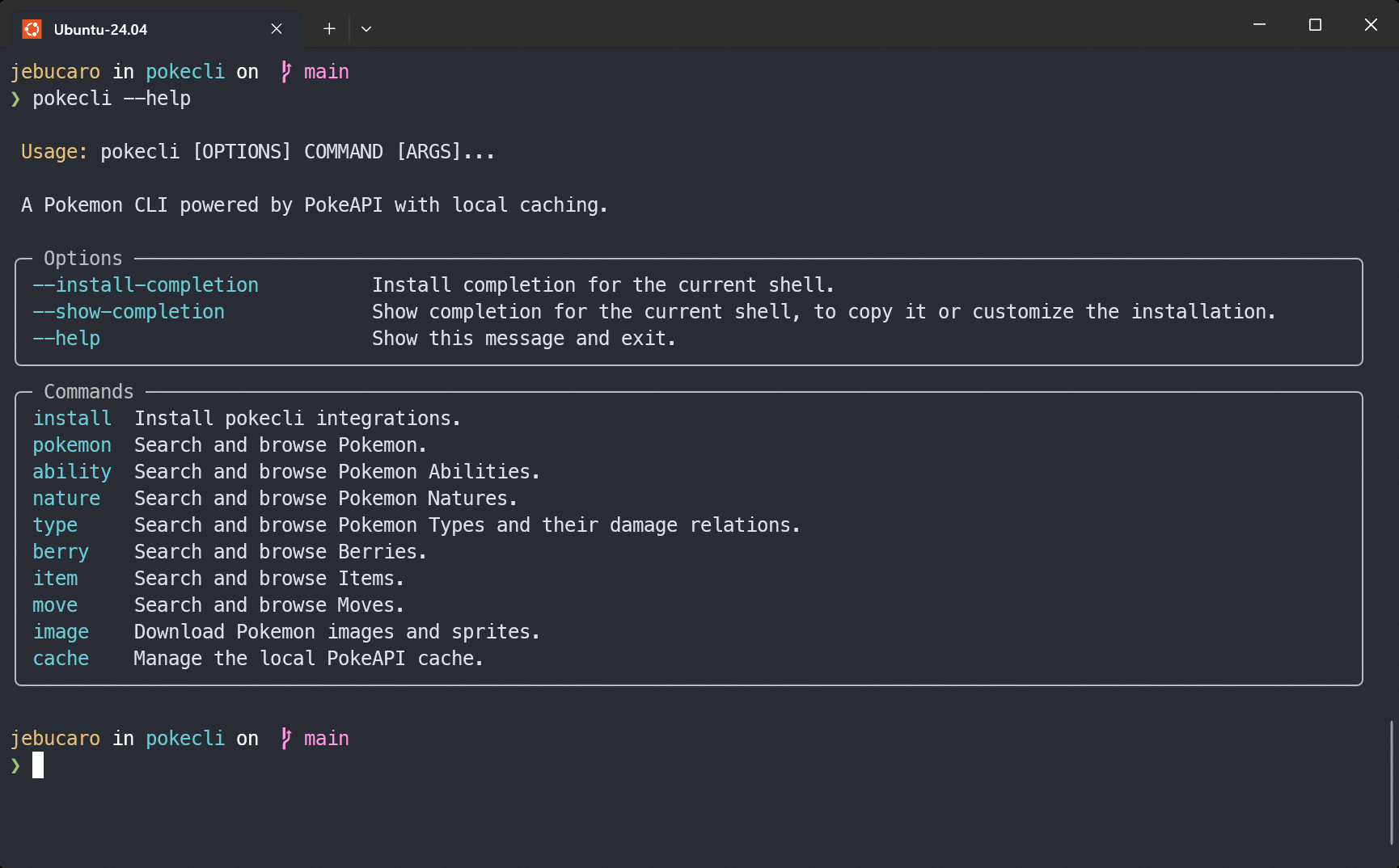 pokecli executing the help command
