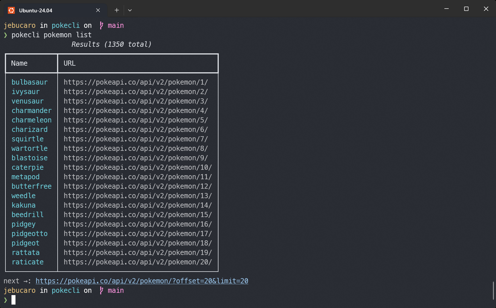pokecli executing get pokemon list command to get the list of the 20 first pokemon