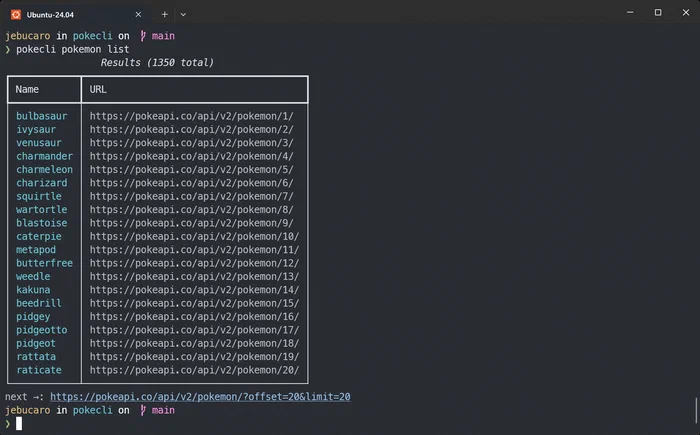 pokecli executing get pokemon list command to get the list of the 20 first pokemon