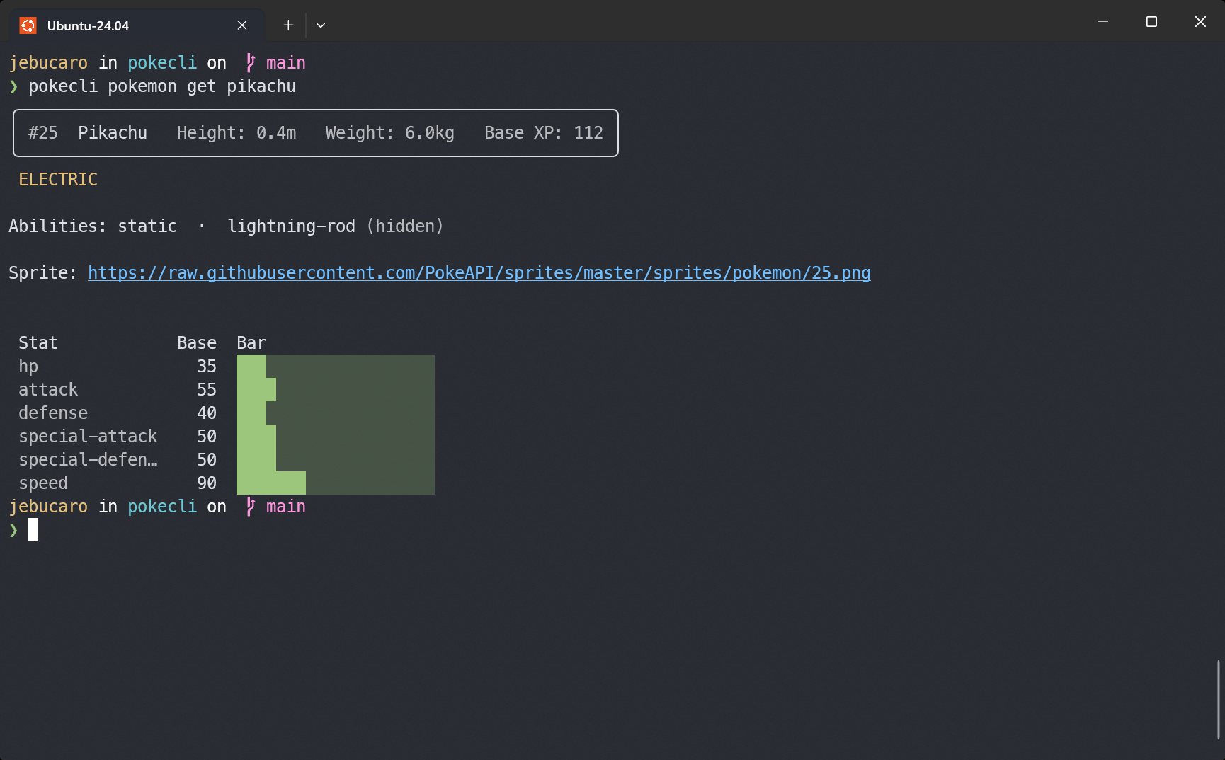 pokecli executing get pokemon command to get the data of pikachu