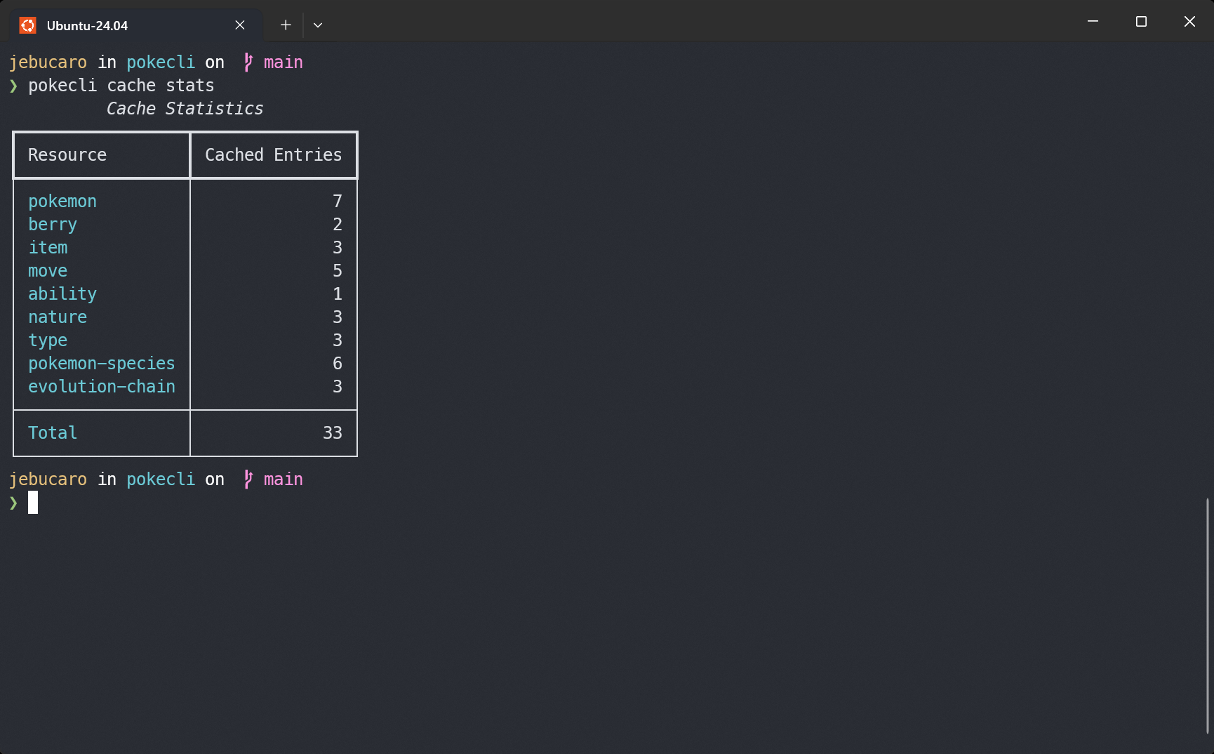 pokecli executing the cache stats command to get the list and count of cached resources