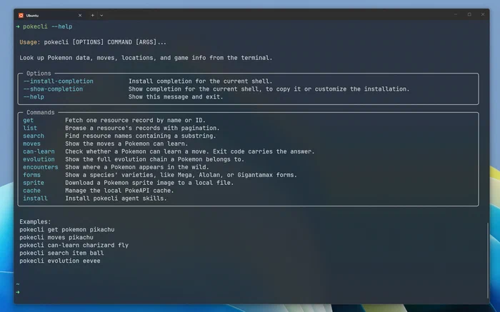 Windows Terminal showing the result of running pokecli's help command